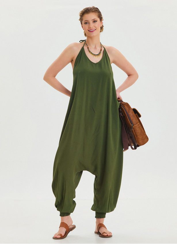 Khaki Bohemian Jumpsuit with Elasticated Legs and Tied Neck 4483